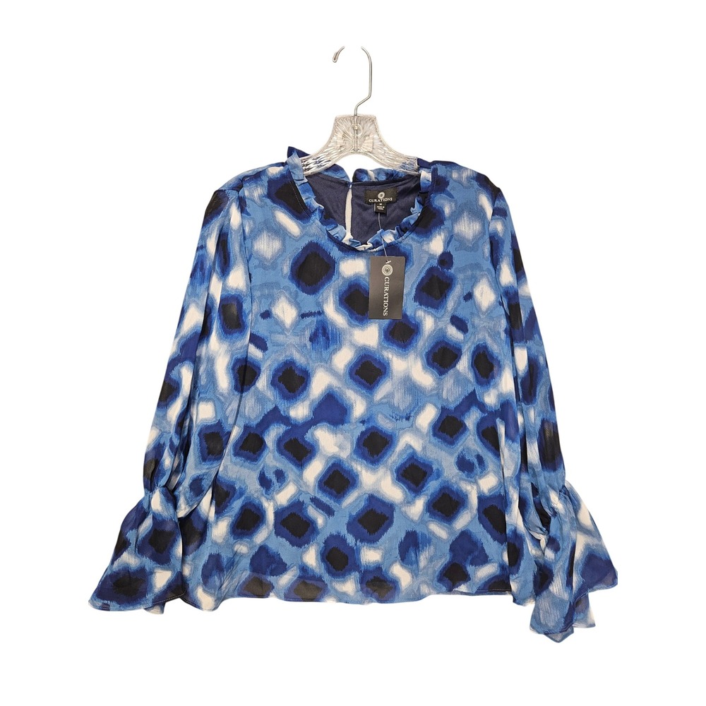 Curations Womens Blue Abstract Ikat Ruffle Neck Bell Sleeve Blouse NWT Size M